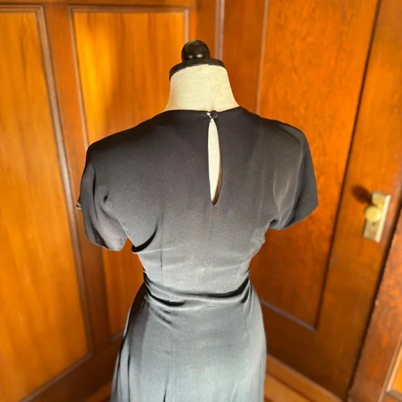 Vintage 40s 1940s Gown Maxi Dress, Black Gold Sequin, Asymmetrical Peplum Rayon - Picture 5 of 8